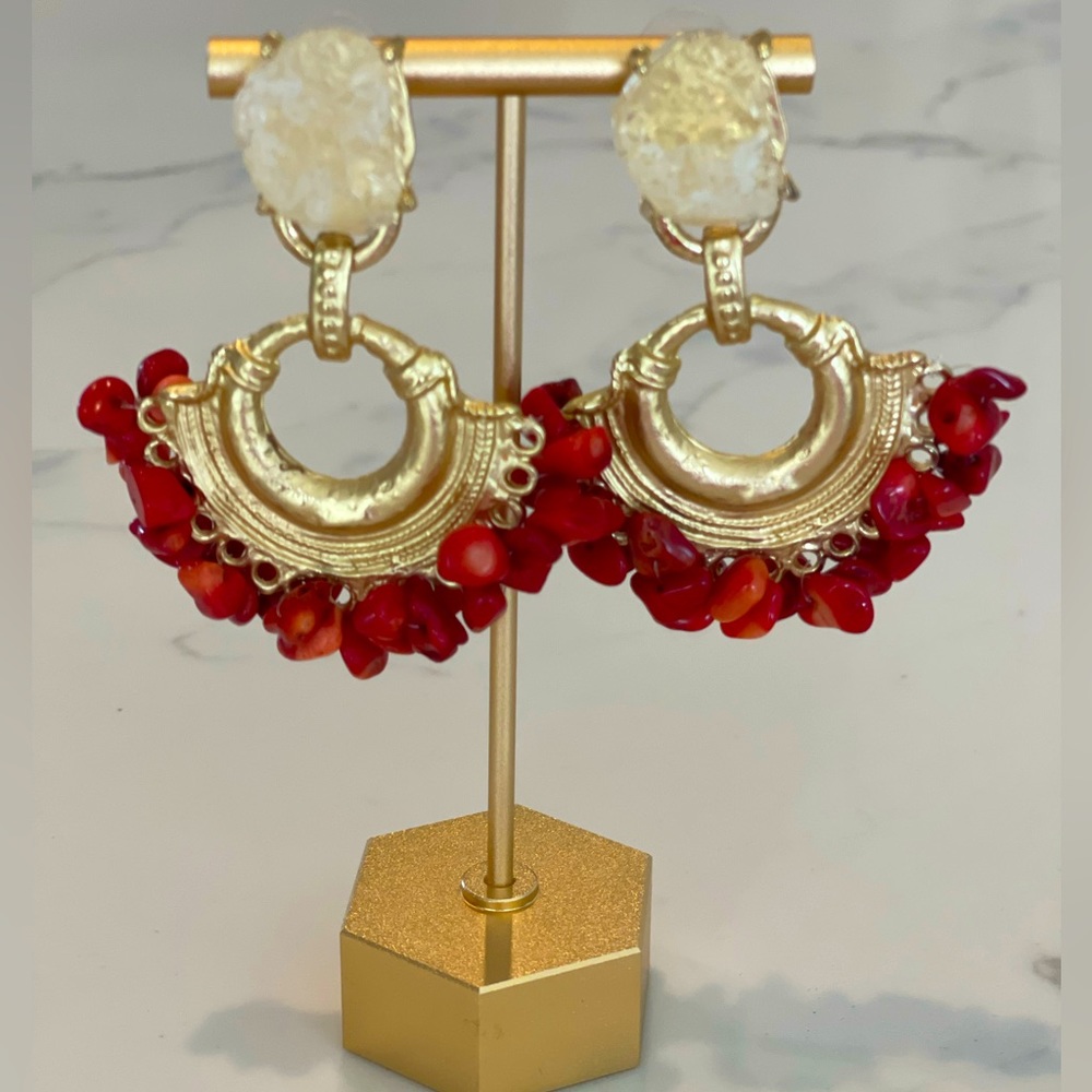 Gorgeous Red Beaded and Gold Venetian Glass Pierced Earrings